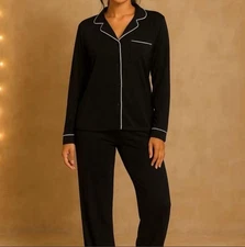 Ladies Boyfriend  Stretch Pyjama Set Black Long Sleeve Nightwear Loungewear PJ'S