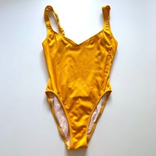 Vintage Women’s One Piece Yellow Clarins Promotional Swimsuit 80s-90s Sz M