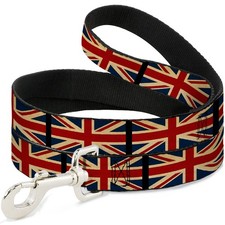 Dog Leash United Kingdom Flags Vintage Black NARROW 0.5"