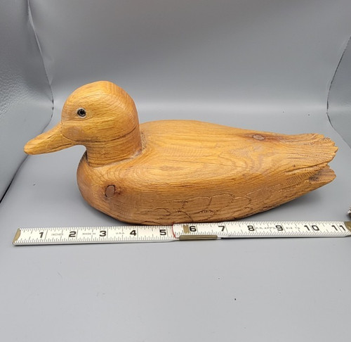 VTG Signed 11" Hand Carved Natural Oak Wood Duck Decoy Glass Eyes Feathers OOAK