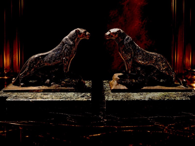 Maurice Frecourt Art Deco Signed Panther Bookends Pair Green Marble