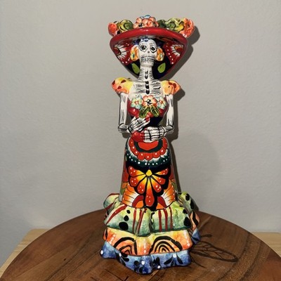 Mexican Catrina Figurine w/ Ruffled Dress & Hat   Day of the Dead   12  Tall