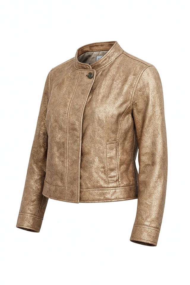 Chaqueta de cuero sintético Chico’s para mujer talla 1 mediana marrón metálico estilo moto Foto 2 de 4