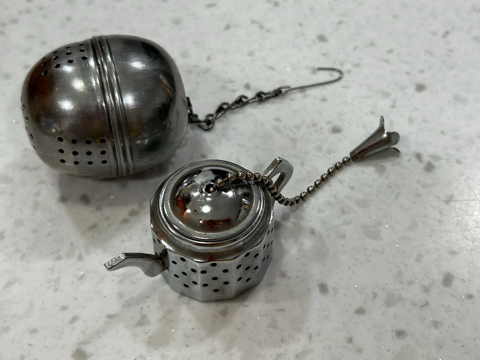 Vintage Set Two Tea Infuser Strainer, Teapot Shape And Round Ball