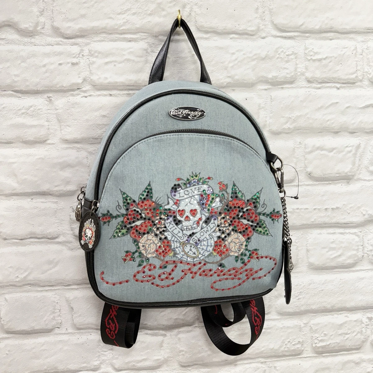 Ed Hardy Black and Pink Floral Skull Mini Backpack Amazon.com: ED HARDY Mini Heather Backpack with Skull & Rose  main image 3
