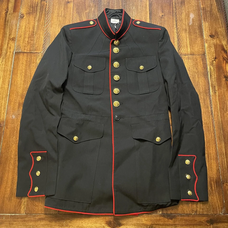 USMC Dress Blue Uniform Jacket Mens 41L Black Red Trim Gabardine Crown USA - Image 3 of 4