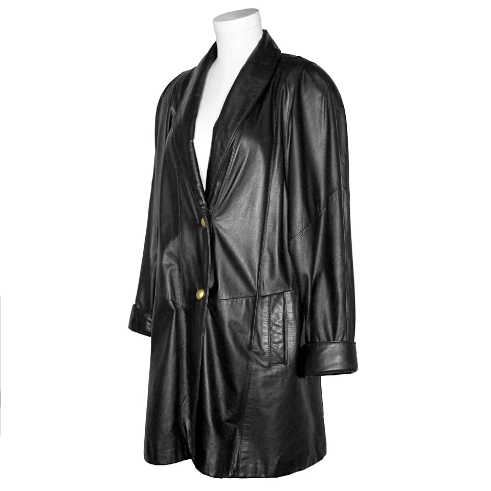 Abrigo Columpio Talla Mediana Vintage Años 80 Wilson Cuero Negro Cuero Latón 2 Botones