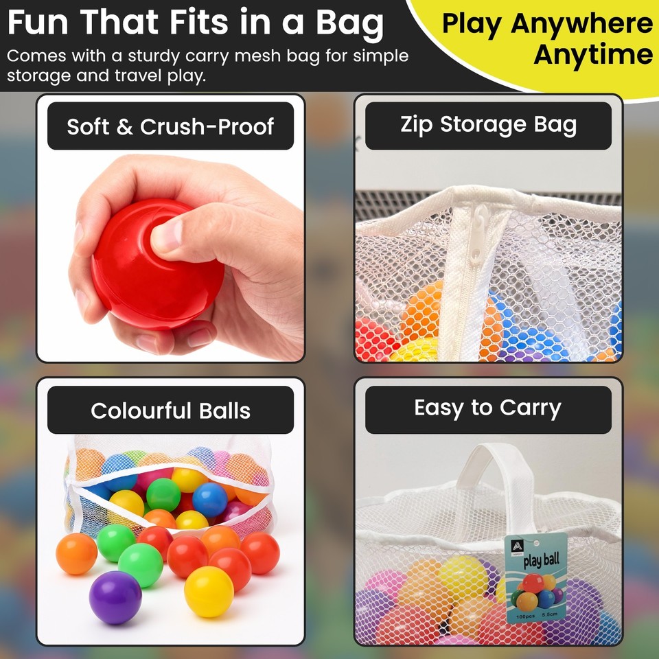 Product photo 8 of 8 — 100 Ball Pit Balls 5cm Colourful Soft Plastic Kids Play Balls Mesh Bag UK