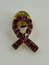 Breast Cancer Awareness Pink Rhinestone Gold Tone Lapel Pin Womens