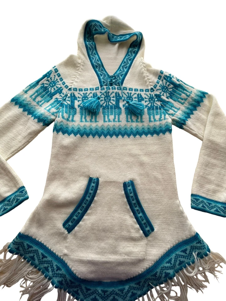 Artes Ecológicas Alpaca Niñas Grande Con Capucha Blanco con Azul Suéter Sudadera con Capucha Bolsillo Foto 2 de 4