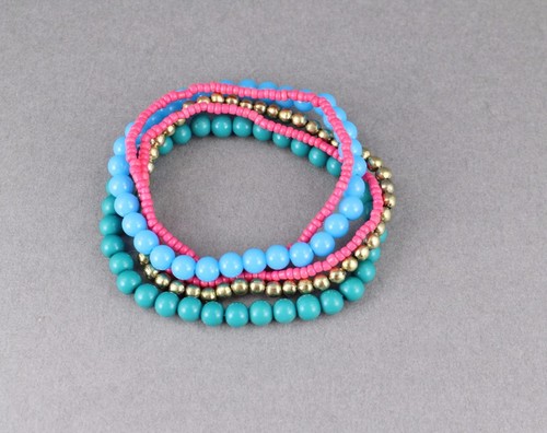 5 Turquoise Teal Pink bracelets kids tweens seed bead stretch set pack beaded - Picture 2 of 5