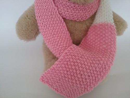 Teddy Bear Clothes, 'Aster' Pink & White Hand Knitted Scarf for bears,dolls,toys - Picture 6 of 9