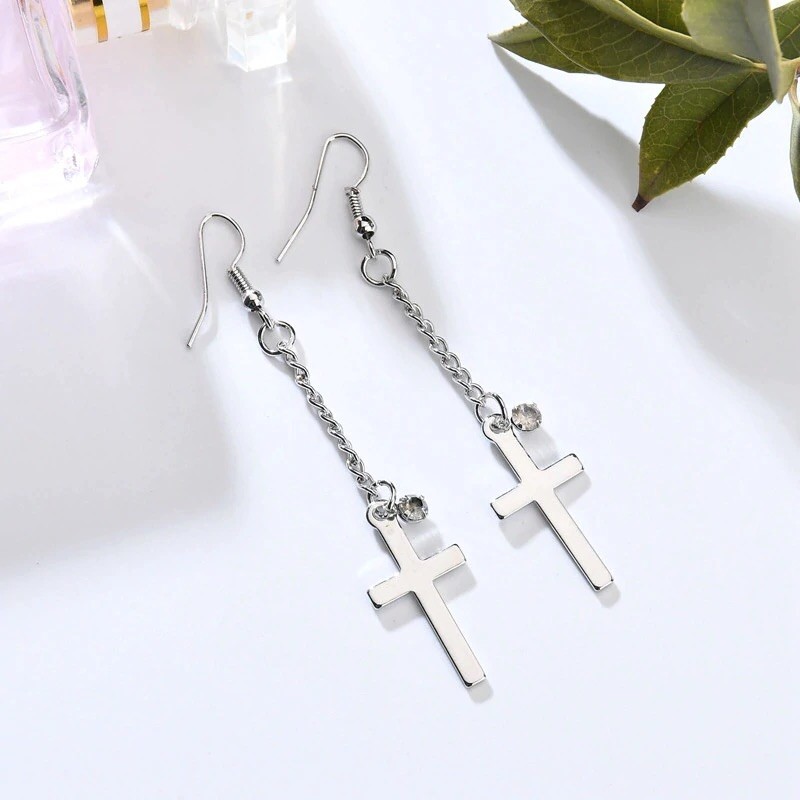 Men Women Stainless Steel Cross Dangle Drop Long CZ Earrings
