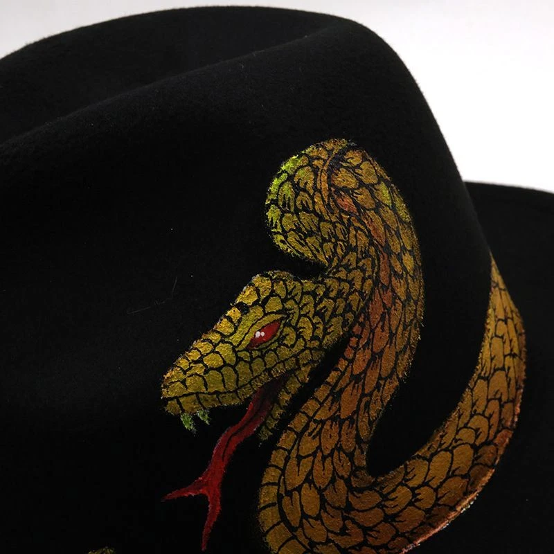 Sombrero de ala plana con patrón de serpiente Fedora de fieltro de lana pintado a mano unisex Disfraz Gorra Foto 2 de 2