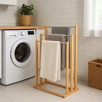 HOMION Bamboo Wooden Towel Holder Free Standing Bathroom Drying Rail Stand Storage Rack