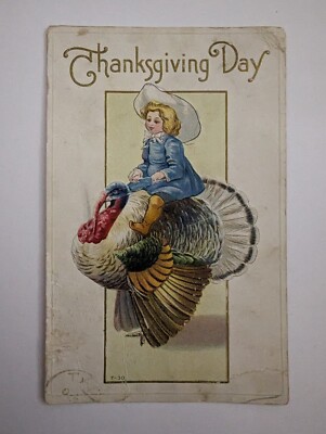 Vintage Postcard Thanksgiving Day Girl Child Riding Turkey 1916 | eBay