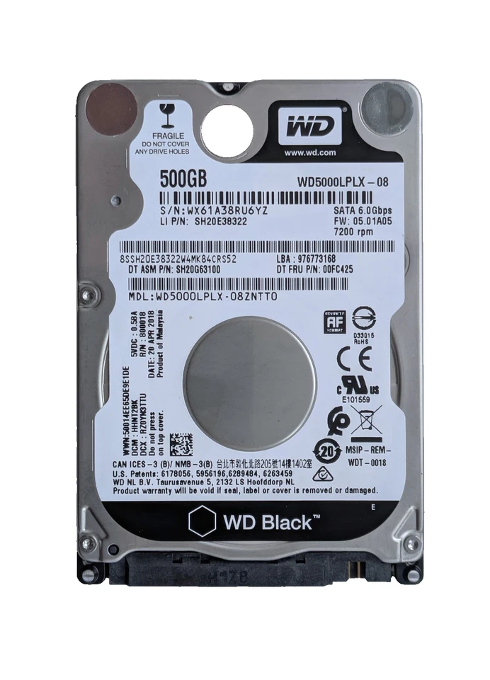 Disque dur 2.5 pces 500go Western digital black WD5000LPLX 3h de fonctionnement