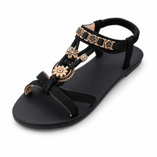 Women Bohemian Flower Beaded Flat Sandals Lightweight Non Slip Beach Shoes