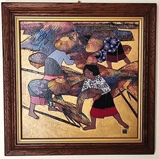 Vintage Yai Raja Thai Folk Art Color Painting Woodblock Artist Signed Framed MCM