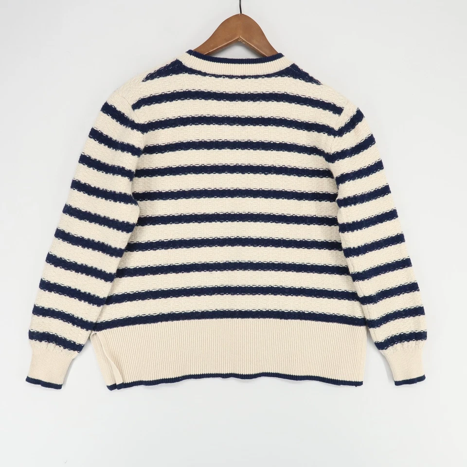 Woolovers Sweater Womens L Cream Navy Blue Striped Crew Neck Knit Wool Blend - Image 2 of 4