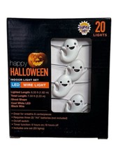 Halloween Indoor LED White Ghost String Lights, 20 Lights In Box, Black Wire New