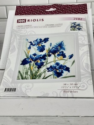 NEW Riolis Stranded Cotton Cross-stitch Blue Irises 11 3/4 X 11 3/4 Inches Aida