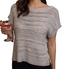 Loft Size XS Gray Sweater Women Knit Crochet cap Sleeves scoop Neck Pullover