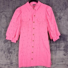 Vince Camuto Dress Womens 14 Pink Eyelet Button Front Cotton Shirt Puff Sleeve