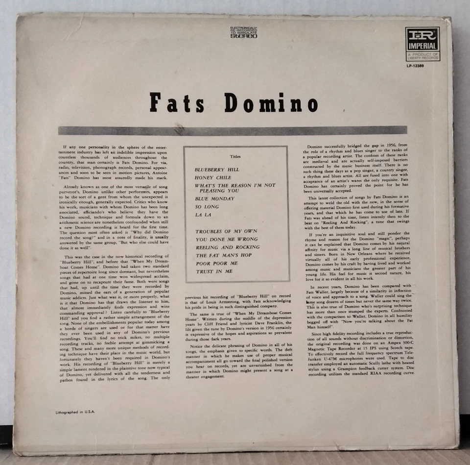 FATS DOMINO - This Is Fats Domino IMPERIAL LP12389 US 1969 Rock & Roll Re LP - Image 2 of 3