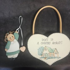 1995 Folk Art Country Wood Wall Decor Set Heart Sign Girl Ornament Primitive