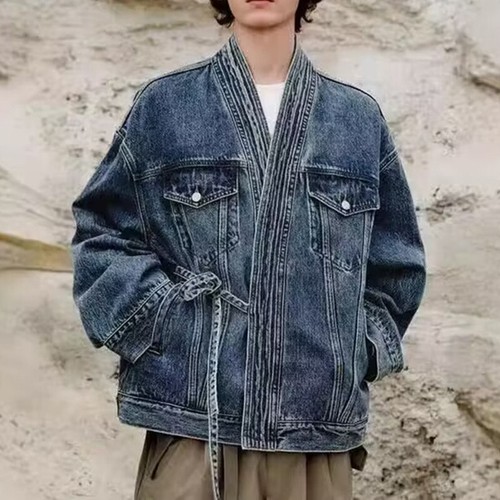 Retro Men's Denim Loose Coats Jean Jacket Fashion Casual Overalls Work Outwear - Picture 8 of 8