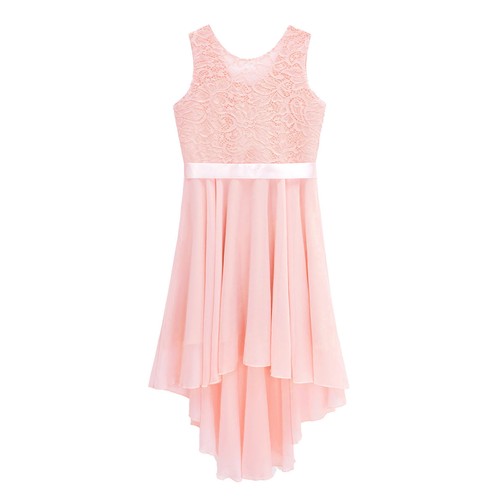 Girls Chiffon Bridesmaid Dress Floral Lace High Low Hem Flower Girl Dress Downs - Picture 23 of 87