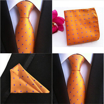 US021 Men Blue White Polka Dot Tie Necktie Pocket Square Handkerchief Set Lot