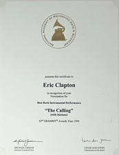 ERIC CLAPTON & CARLOS SANTANA - 1991  GRAMMY NOMINATION CERTIFICATE Supernatural