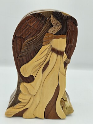 Handcrafted carved inlay angel wood puzzle trinket box stash