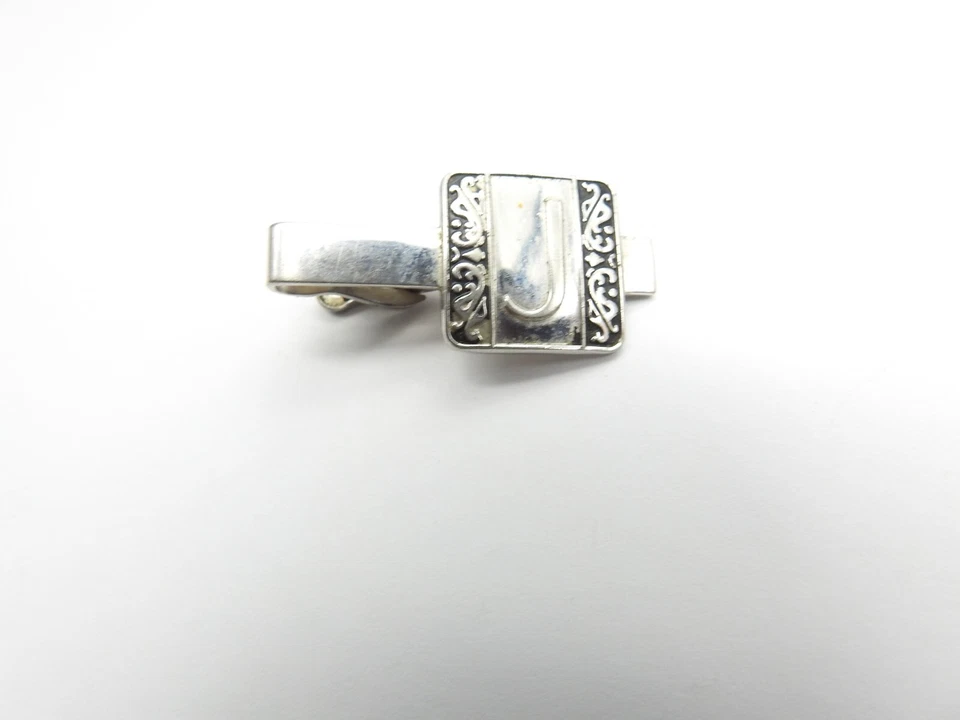 Clipe de barra de gravata Swank preto esmalte tom prata metal inicial J masculino vintage - Imagem 2 de 4