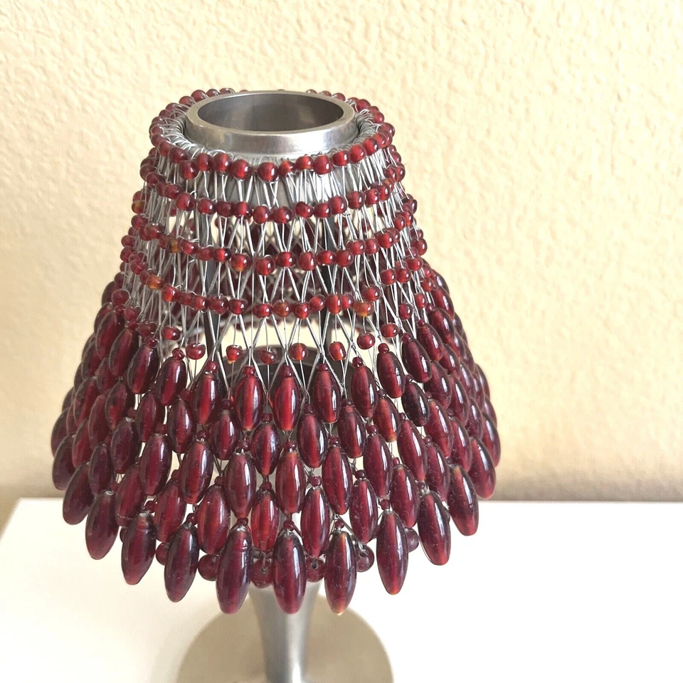 POTTERY BARN~Vara de vela de níquel escovado Tealight~Bombra de contas âmbar vermelho 10,25"T - Imagem 4 de 4