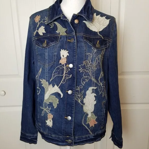 Bandolino Jean Jacket Embroidered Leaves Floral M Medium Fall Autumn Floral