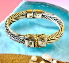 Bracelet Bangle Hinged Silvertone and Brass Rope Design Heavy
