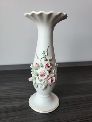 Vintage LEFTON CHINA Bud  Vase w/ Raised 3D Pink Roses - Hand Painted 1040