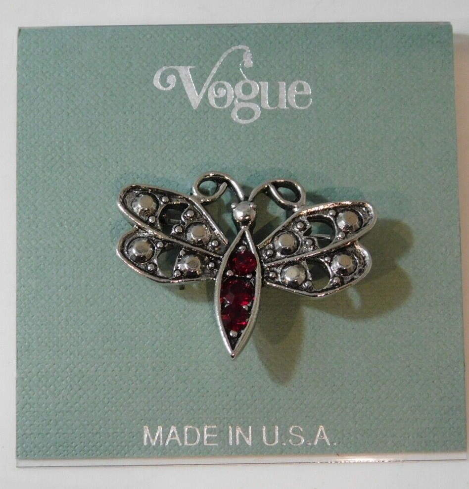 NWT VOGUE Alfiler De Broche De Libélula Roja Con Rhinestones Plateado