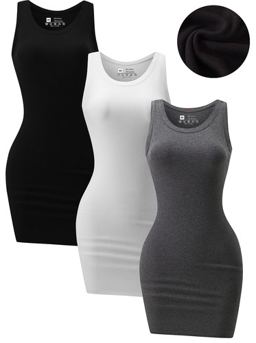 Damen Sommer Geripptes Tank Kleid U-Ausschnitt Ärmellos Bodycon Minikleid