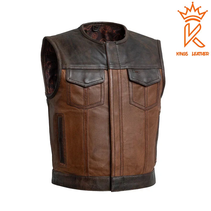Men's Brown Perforated Leather Motorcycle Biker Vest Paisley Lining Waistcoat