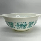 Vintage Pyrex Farmers Market Bowl White Teal Opal Glass Mixing USA 4 qt Large