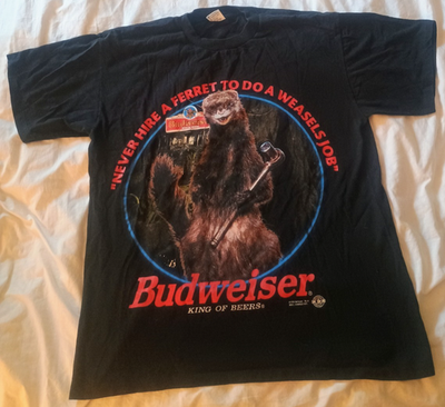 Vintage Budweiser 90s Busch Ferret Weasel Frog Beer Double Sided T