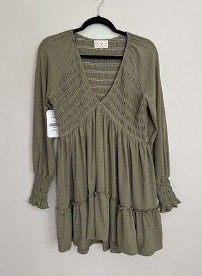 Olive Green Smocked Tiered Babydoll Mini Dress Women s Size S Boho Festival NWT