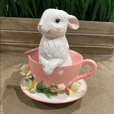 TkMaxx weißer Hase Kaninchen Blumen rosa Teetasse Frühlingsdeko Ornament Ostern 17 cm