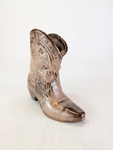 Vintage 6.5” Frankoma Style Cowboy Boot Ceramic Pottery Planter Brown