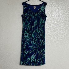 Anne Klein Blue Green Abstract Sleeveless Ruched V-Neck Sheath Dress Sz 10
