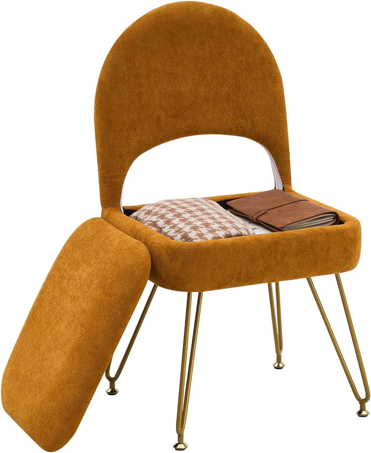 With Folding Back, Storage Ottomans Faux Fur Vanity Chair, M
